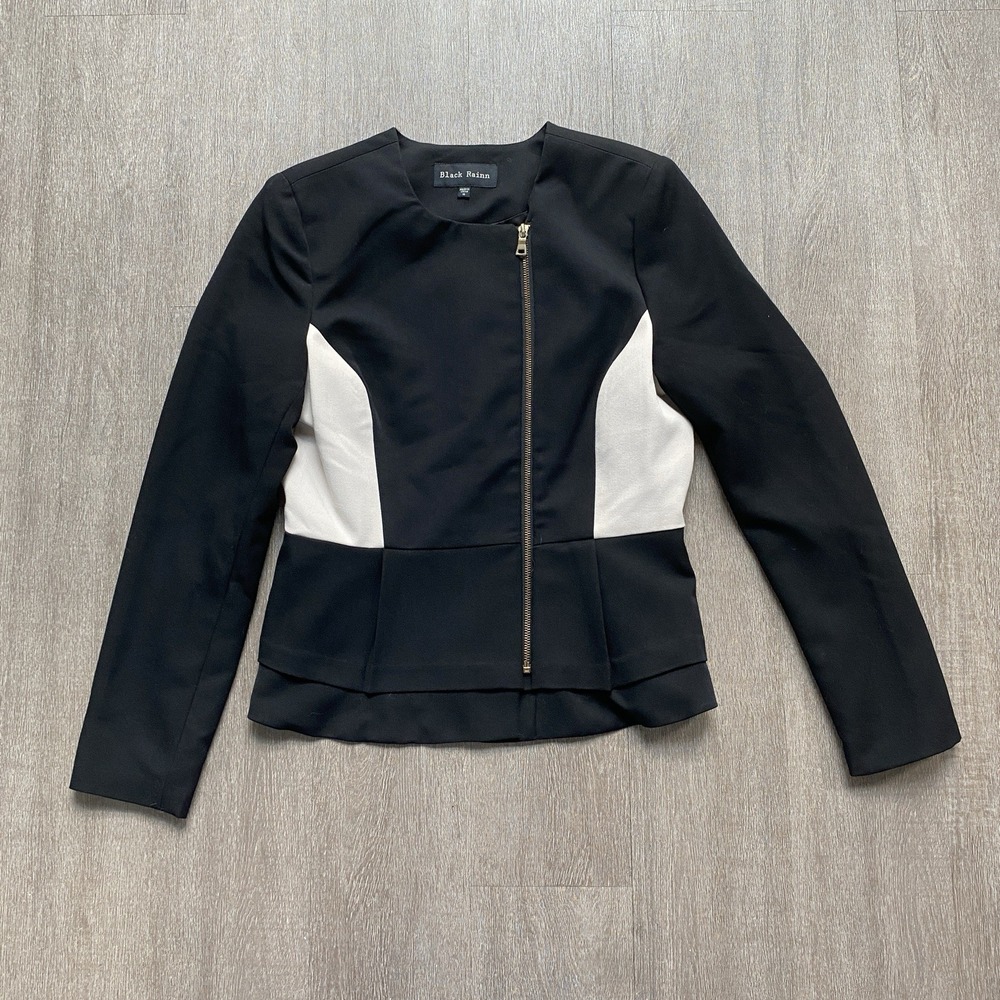Black Rainn Diagonal Zip Jacket Blazer Women's Size Medium Black & White
